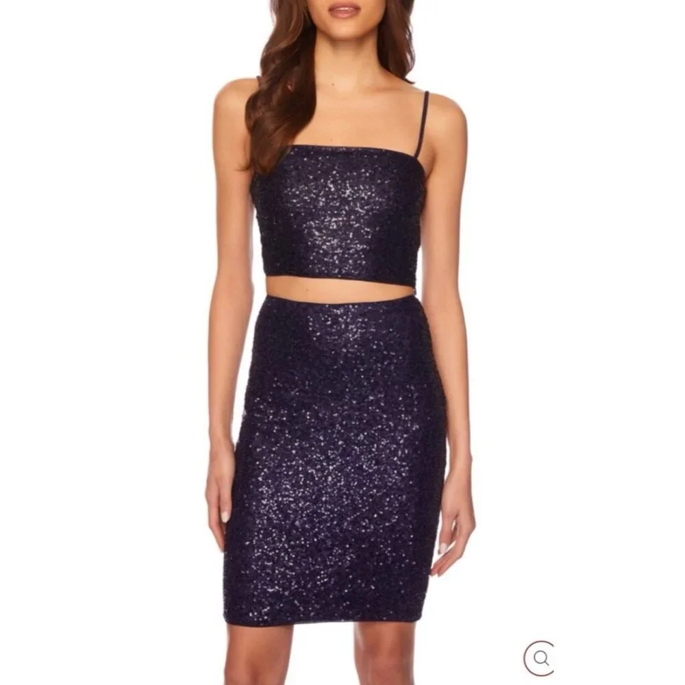Susana Monaco 2 PC Set S Small Thunder Blue Sequin Crop Top & Skirt NWT $256
